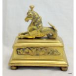 C19th ornate brass desk casket with sea horse figural lid 17cm high