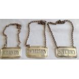 3 ornate pierced letter silver decanter neck labels Whisky, Sherry, Brandy