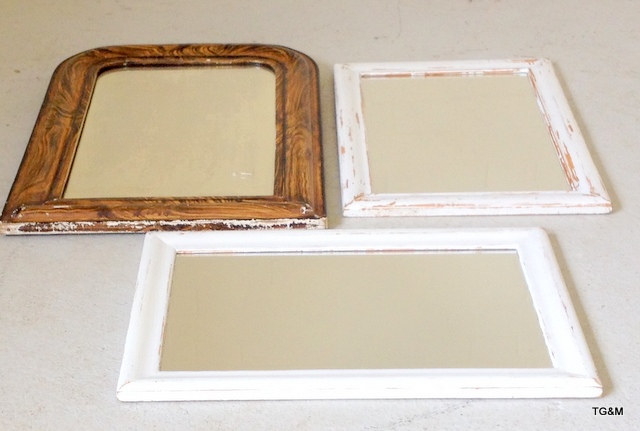 A painted oak wall mounted mirror and two painted pine mirrors. 60 x 43cm & 52 x 35cm