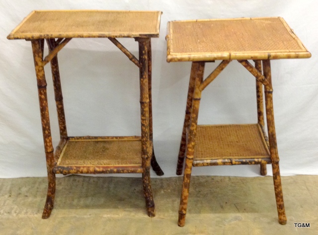 Two wicker and bamboo, two tier occasional tables 72 x 50 x 35 cm and 67 x 45 x 45 cm