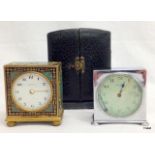 An enamelled Zenith miniature clock case with another similar clock
