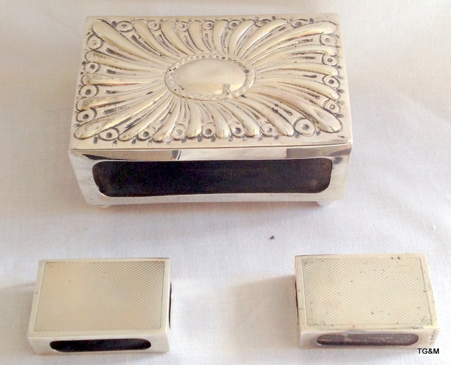 Large Victorian ornate silver table match box holder sold with a pair of engine-turned pocket