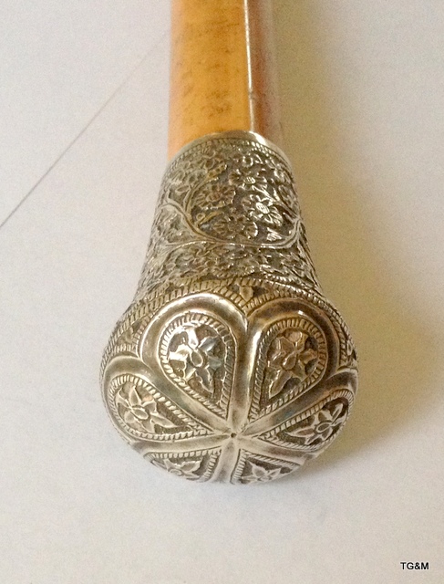 A large antique Indian/ Burmese silver topped Malacca walking cane - Image 2 of 3