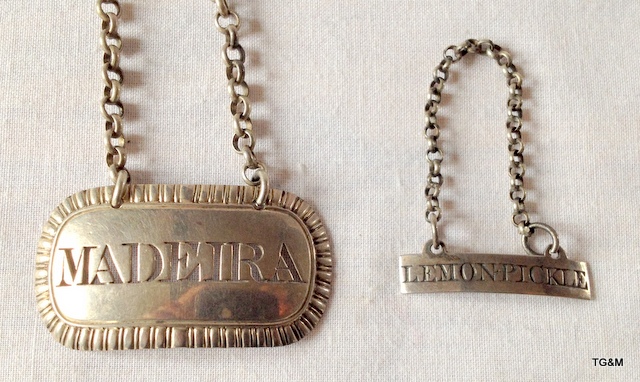 Two antique silver labels, Madeira  hallmarked 1816  and Lemon Pickle