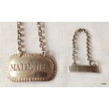 Two antique silver labels, Madeira  hallmarked 1816  and Lemon Pickle