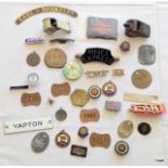 Quantity of vintage railway memorabilia including whistles enamel badges and Pay Checks