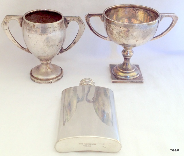 A pair of silver Trophy cups and hip flask