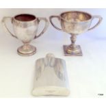 A pair of silver Trophy cups and hip flask