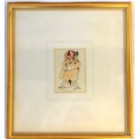 A gilt framed Louis Wain hand coloured print of a cricketing cat 27 x 24cm