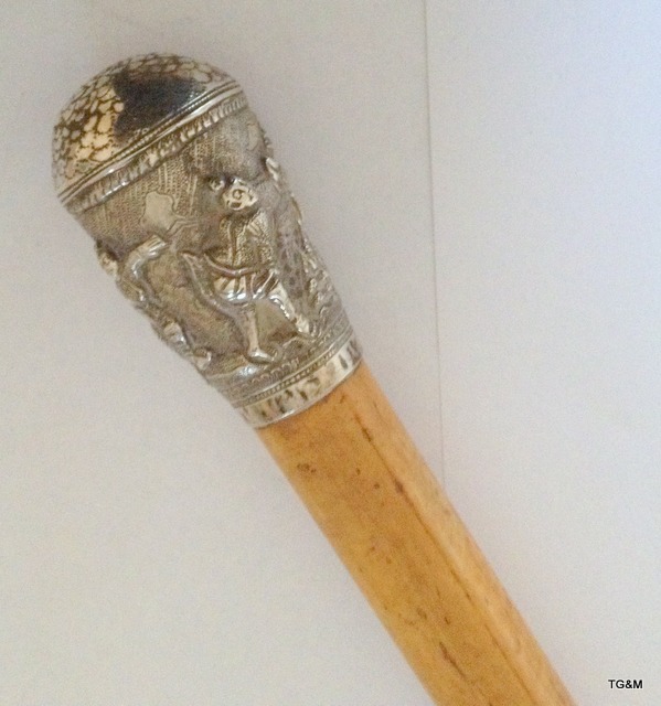 An antique Indian/ Burmese silver topped Malacca walking cane - Image 2 of 4