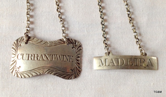 Two antique silver labels, Madeira  hallmarked 1799 and current wine