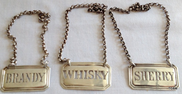 3 ornate pierced letter silver decanter neck labels Whisky, Sherry, Brandy