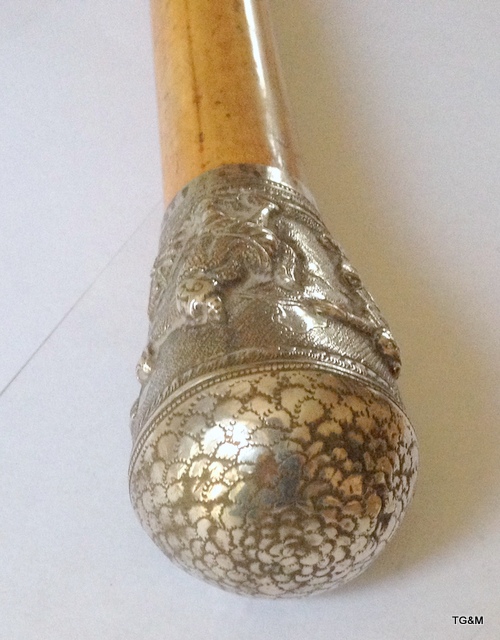 An antique Indian/ Burmese silver topped Malacca walking cane - Image 3 of 4