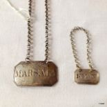 Two antique silver labels, marsala 1887 and kyan