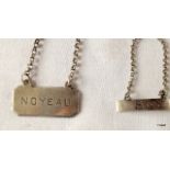 Two antique silver labels, Soy and Noyeau