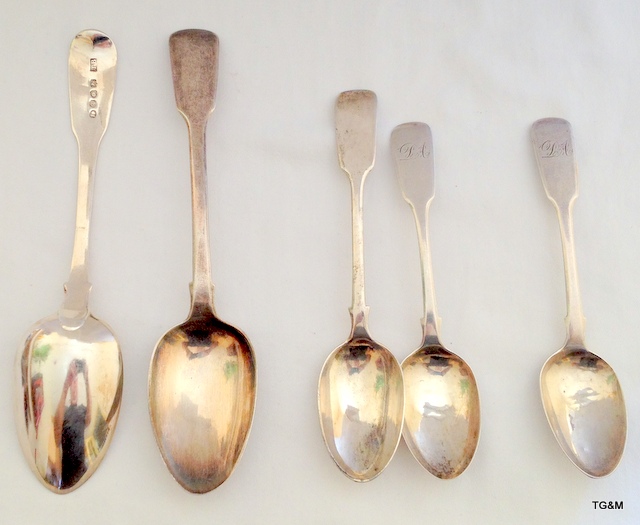 2 Georgian silver Bateman dessert spoons London 1785 and London 1820 and other silver Victorian