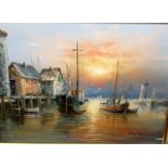 A Max Savy oil on canvas of a Harbour fishing scene 129 x 100