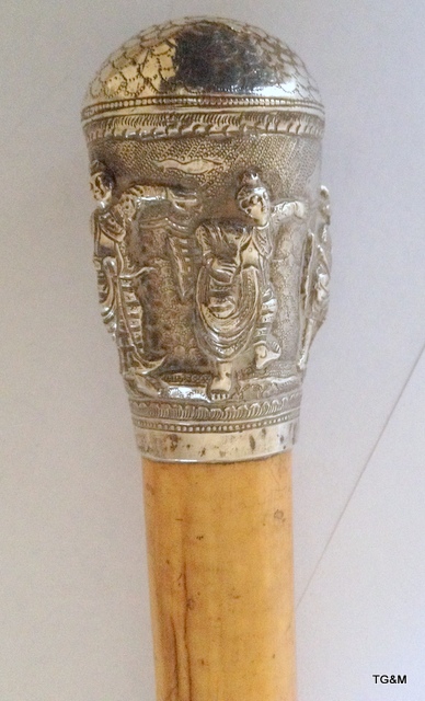 An antique Indian/ Burmese silver topped Malacca walking cane - Image 4 of 4