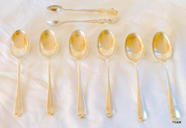 Six silver rat tail teaspoons and silver sugar nips