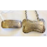 Two antique silver labels, Ginger wine  hallmarked 1805 and Madeira hallmarked 1807