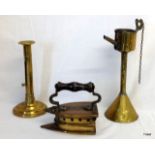 A Victorian brass melting pot ( 28cm), a candlestick and an iron