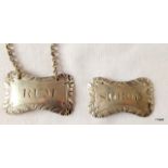 Two antique silver labels, Rum  hallmarked 1802 & Shrub hallmarked 1805