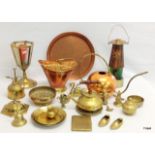 A collection of assorted brass and copper items including lamp/tray