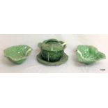 Pottery green glazed tureen on stand with ladle and 2 serving dishes