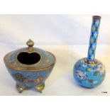 An Oriental Sang de Boeuf Vase and a Cloisonne lidded pot 17cm high and 13cm high