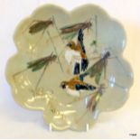 A Japanese 'Kyoto Ware' Lotus shape wall plaque depicting birds and grass hoppers