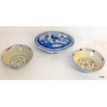 Three items of 19C blue & white Oriental items to include two bowls and a tureen