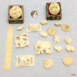 2 antique Cantonese carved plaques in enamel boxes and a quantity of carved ivory buckles and