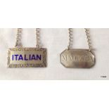 Two antique silver labels, Madeira hallmarked 1949 and Italian set with enamel hallmarked 1791
