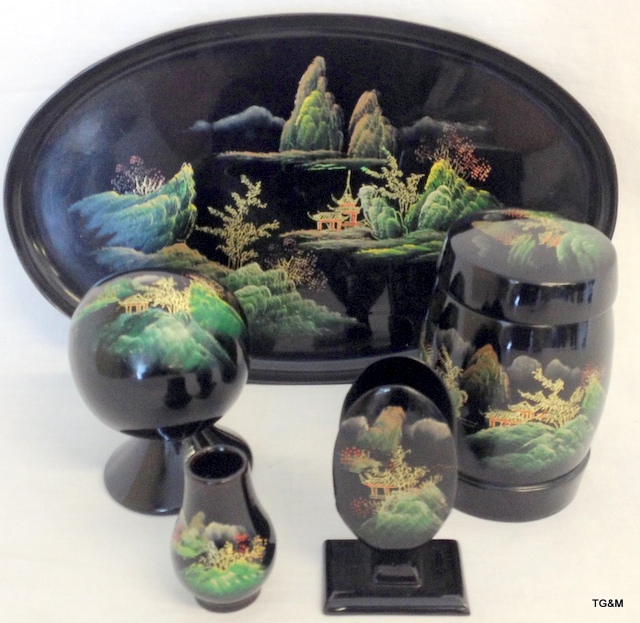 An oriental lacquered smokers desk set