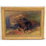 A Victorian Oil on board of 2 cats playing signed and dated Ada. E. Tucker 1879 Black and Tabby