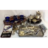 A silver plated tea set & tray with other silver plated items and metalware