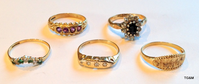 Five 9ct Gold Ladies Rings to include Diamond