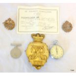 Various military items including pocket watch badges etc