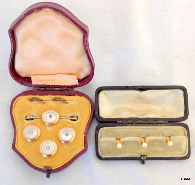 Two 19th Century Boxed Yellow Gold Dress Buttons One Set with mother of Pearl and Old Cut Diamonds