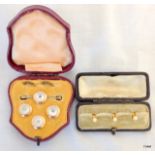 Two 19th Century Boxed Yellow Gold Dress Buttons One Set with mother of Pearl and Old Cut Diamonds