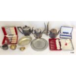 A collection of silver plate and other including teapots and flatware