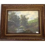 Antique gilt framed oil on board of a mill on a stream