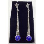 A pair of silver marcasite and lapis lazuli drop earrings
