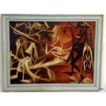 An oil on canvas figures in torment signed W Lam 1965 inscribed on frame Cuba. 90 x 70 frame size 78