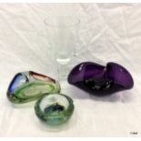 3 Art Glass bowls and a glass golfing trophy
