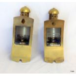 A pair of concave brass carriage lamps 24 x 9 x 10