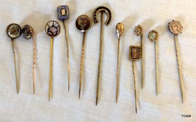 11 Gold Tie Pins, Some Gem Set