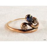 Victorian gold ring set with 2 diamonds and a sapphire
