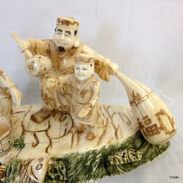 A carved Chinese bone group of fishermen 30cm long - Image 4 of 6