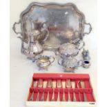 A Viners 4 piece silver plated tea/coffee set, tray, condiment set and a set of fish knives and
